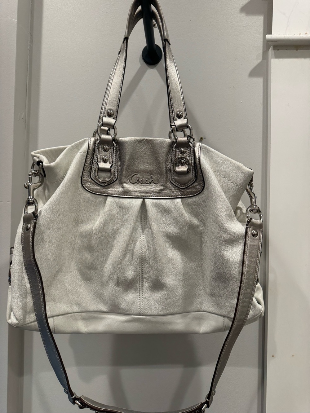 Coach White Leather Tote with Silver Trim